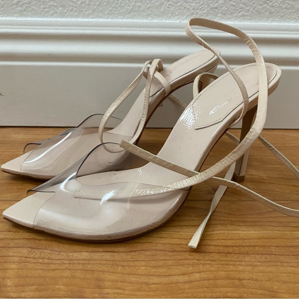SHUTZ Nude Strappy Lace Up Heels Vinyl Clear Strap Size 7.5